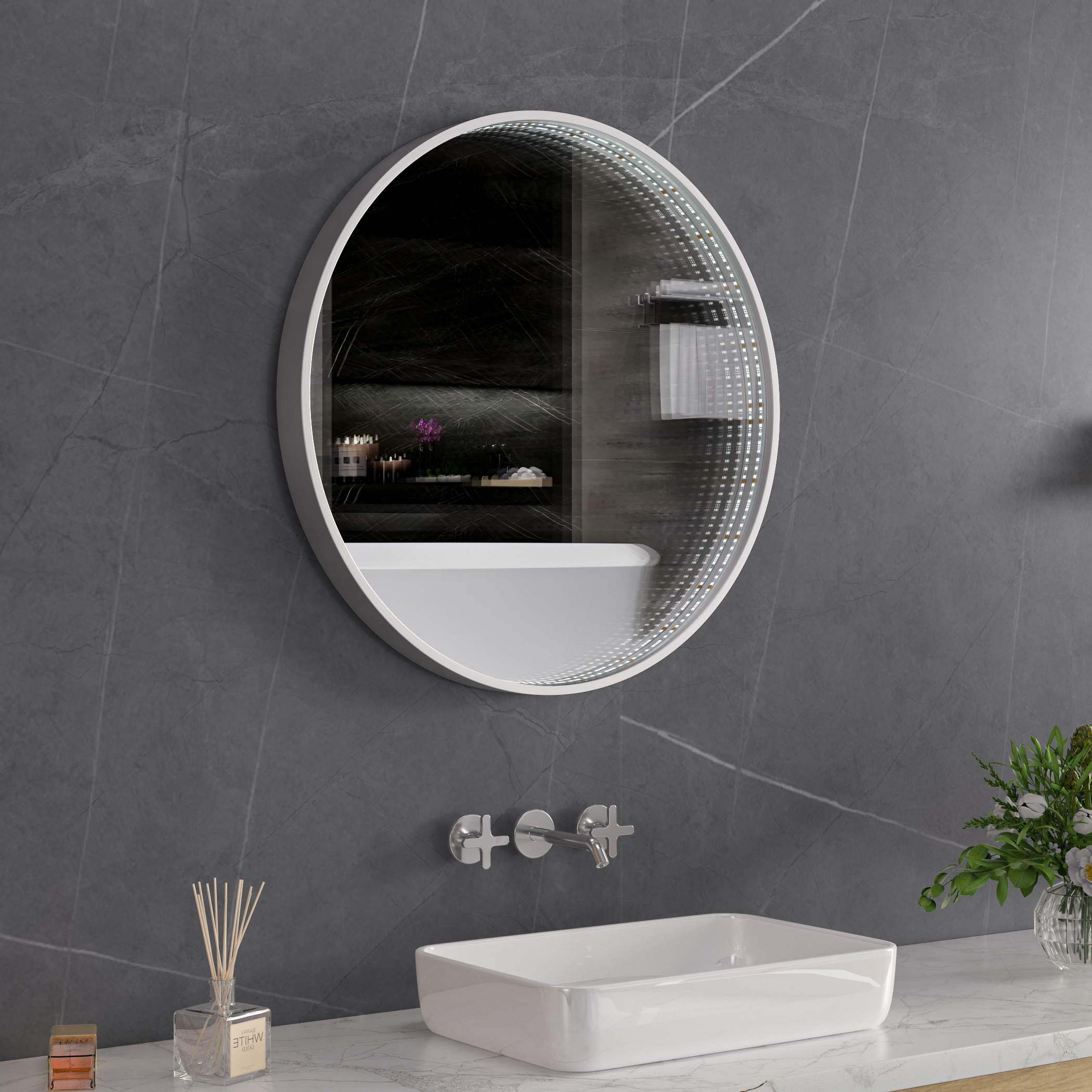 Tunnelspeil | Sølv aluminiumsramme | LED-belysning med dimmer | 800x800 mm Tunnelspeil | Sølv aluminiumsramme | LED-belysning med dimmer | 800x800 mm