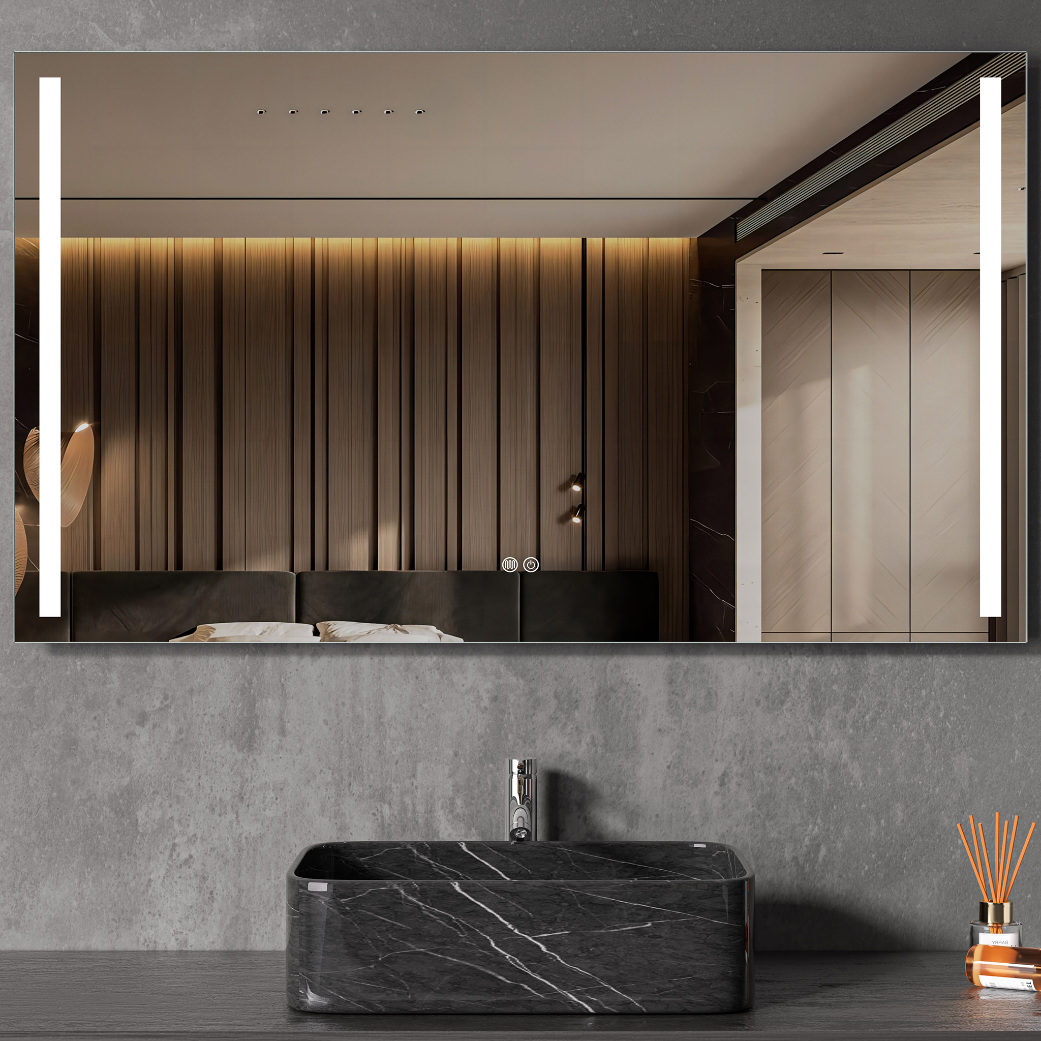 Baderomsspeil | LED lys sider | Dimmer og ber�ringskontroll | Rektangul�r