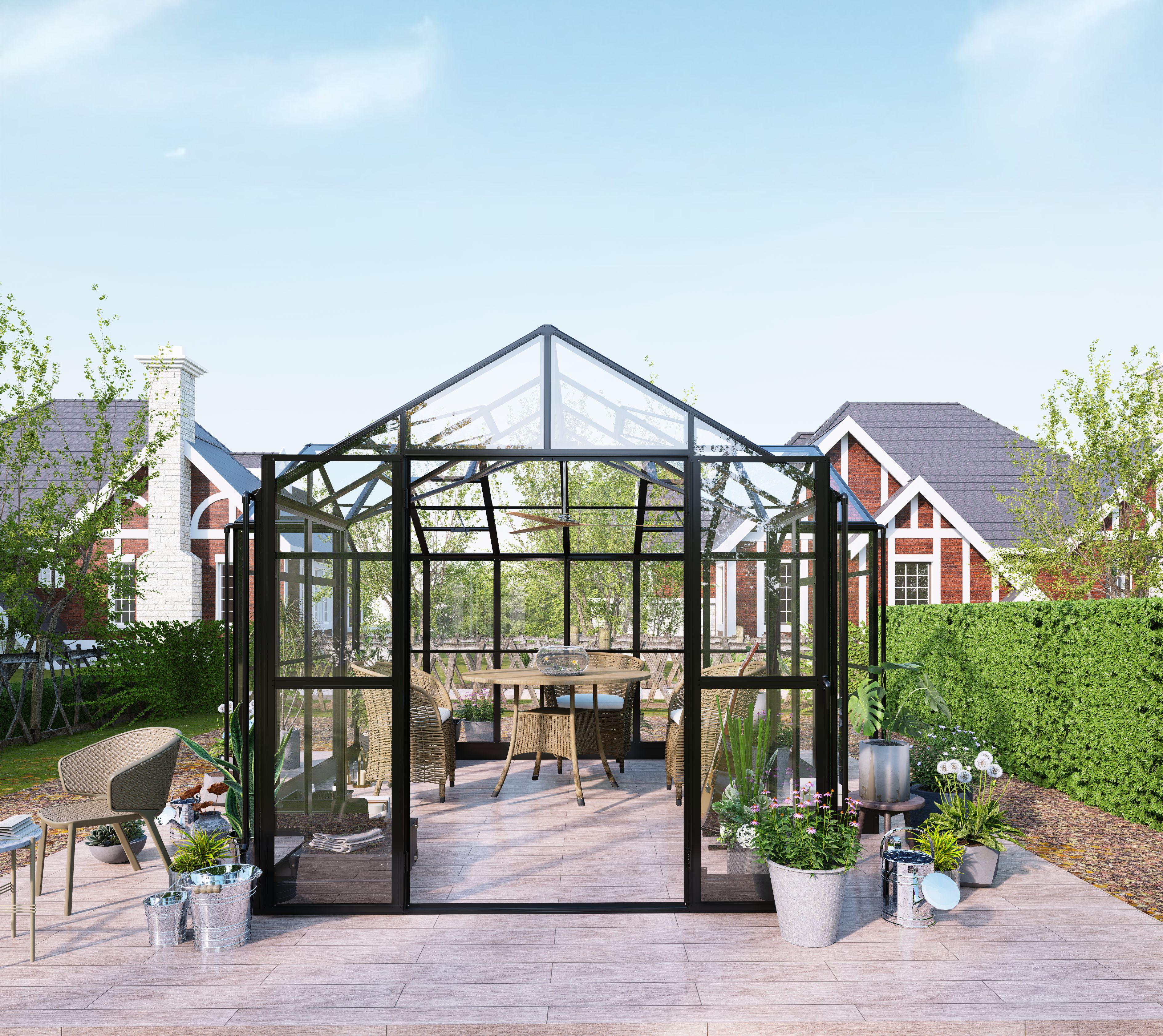 T-formet drivhus 12,4 m� | 4 mm sikkerhetsglass og 6 mm kanalplast