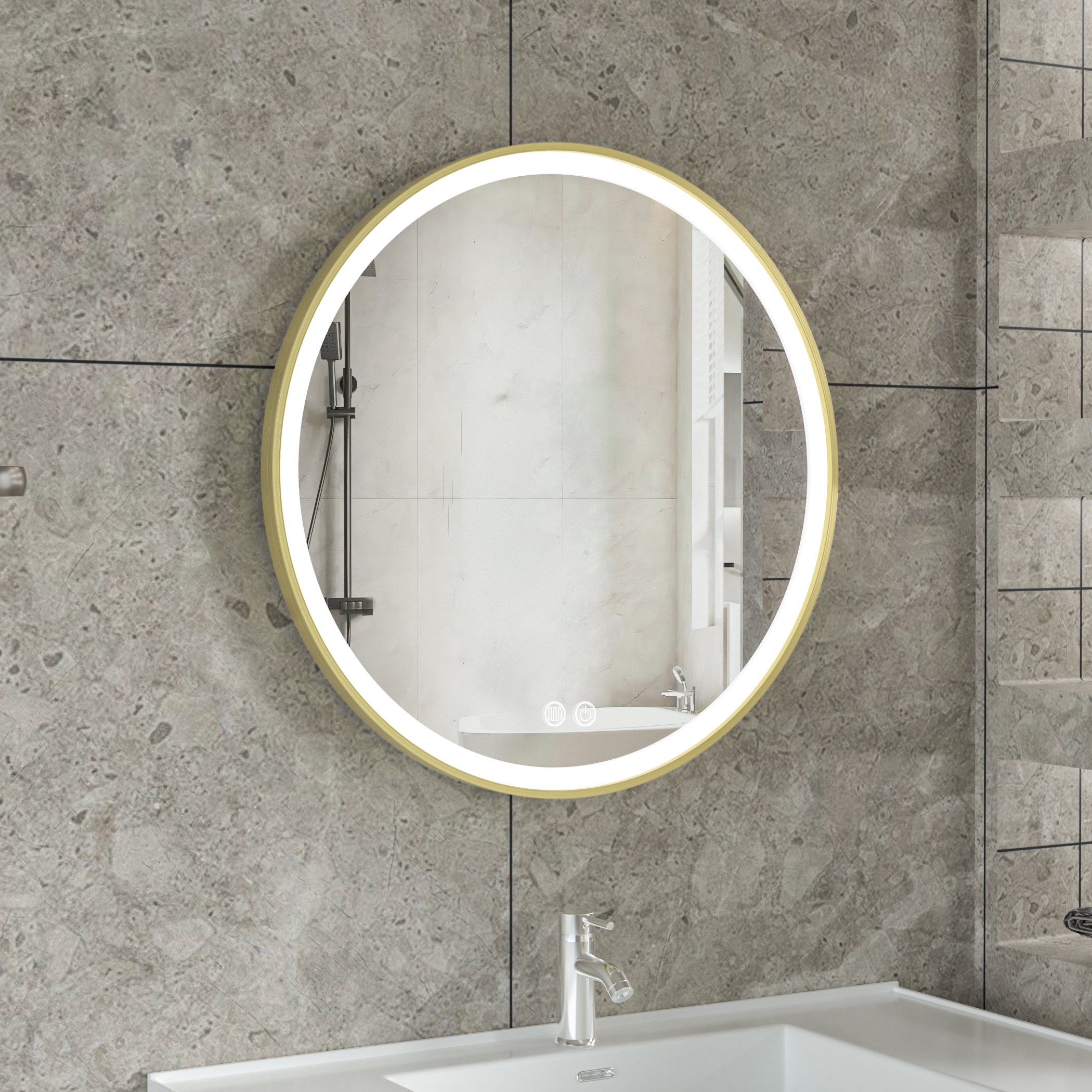 Stilig LED-speil | 60x60 cm | Gull aluminiumsramme | Antidugg og berøringskontroll Stilig LED-speil | 60x60 cm | Gull aluminiumsramme | Antidugg og berøringskontroll