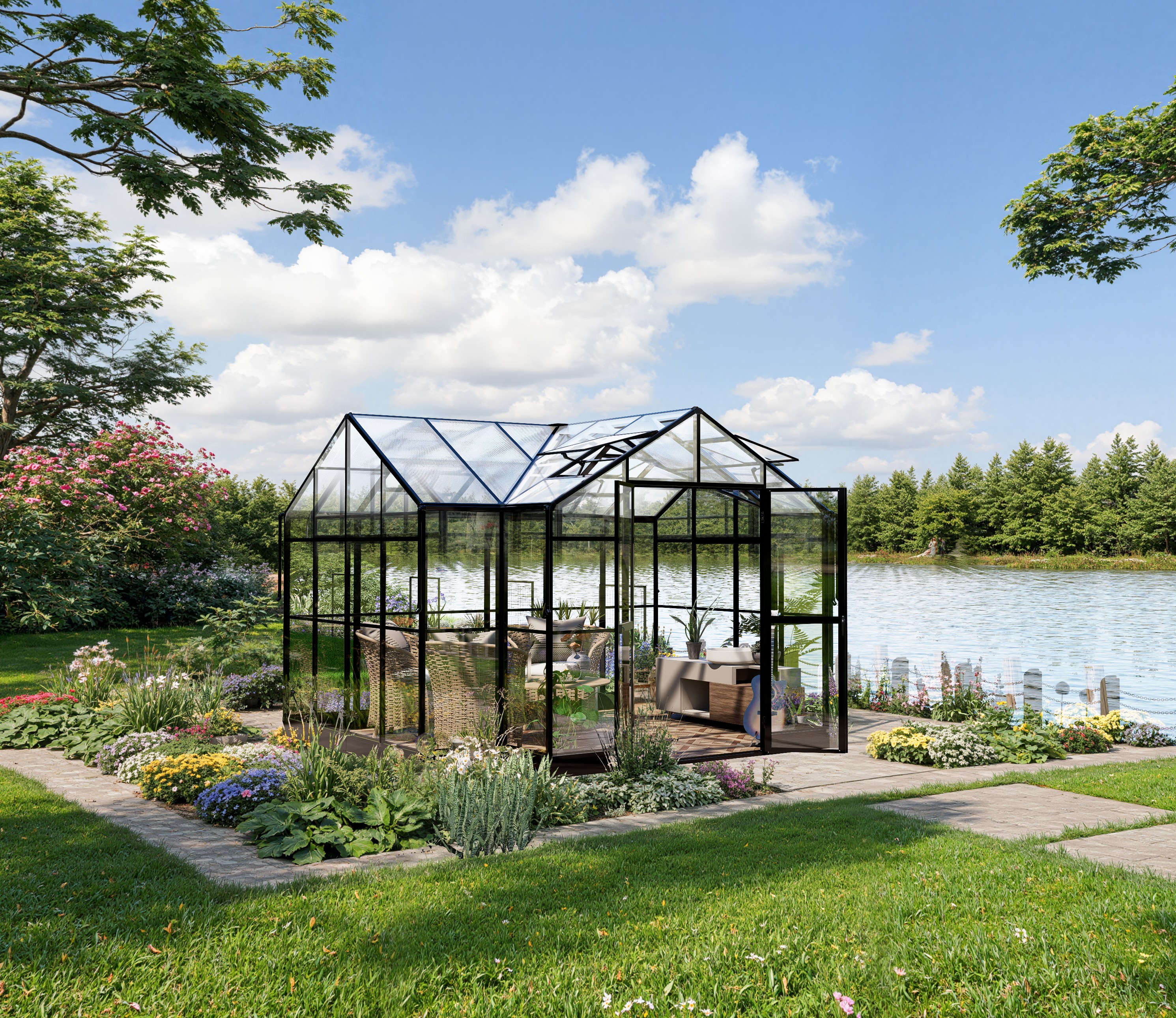 T-formet drivhus 11,6 m� | 4 mm sikkerhetsglass