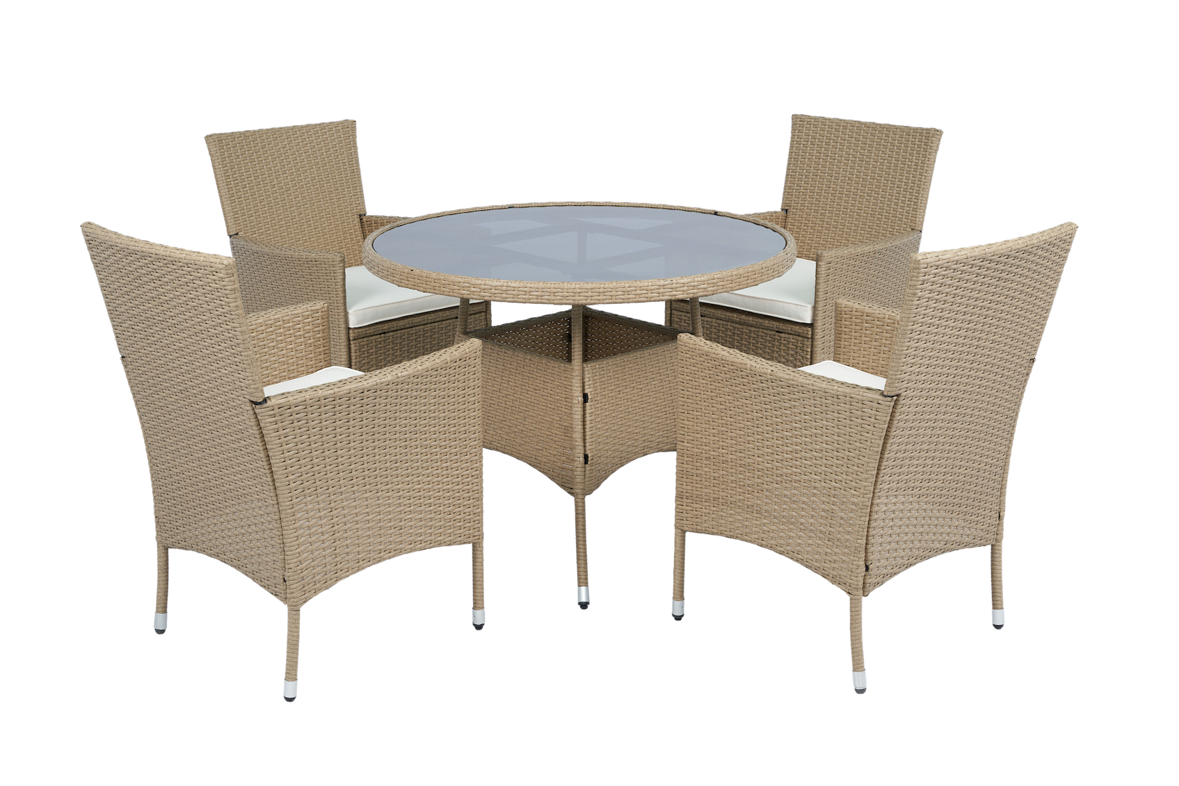 Rund spisegruppe utem�bler | Bord �100 cm og 4 stoler med puter | Tyl�sand beige