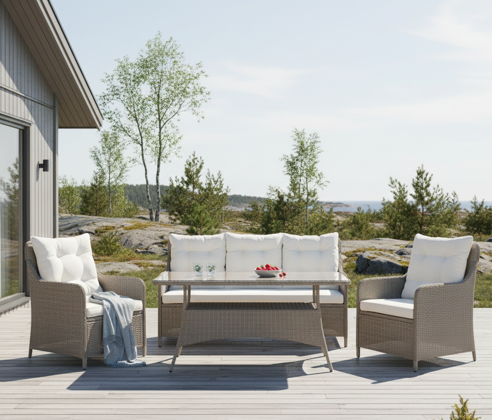 Sofagruppe utem�bler | Innebygd oppbevaring | Gr� kunstrotting | Sann�s