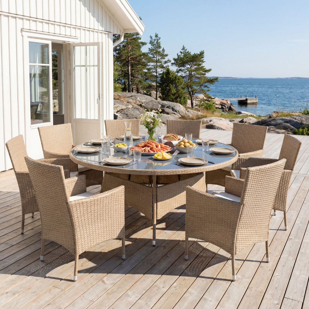 Rund spisegruppe utem�bler 8 sitteplasser | Rundt bord og 8 stoler i beige wicker | Tyl�sand