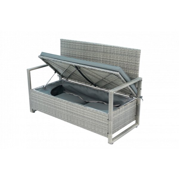 Hagebenk med oppbevaring | 129 cm | Kunstrotting grå | Puter inkludert | Boxvik Hagebenk med oppbevaring | 129 cm | Kunstrotting grå | Puter inkludert | Boxvik