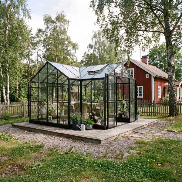 T-formet drivhus 12,4 m� | 4 mm sikkerhetsglass og 6 mm kanalplast