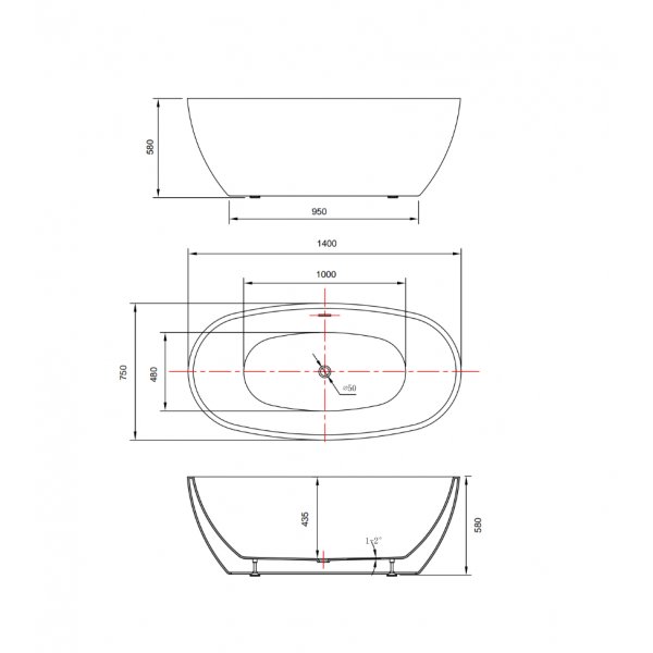 Frittst�ende badekar i hvit akryl 140 cm | Elektra
