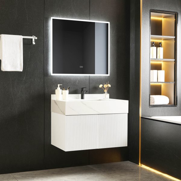 Baderomspakke | Slitesterk sintret stein | LED speil | Cirrus hvit