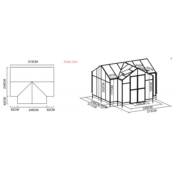 T-formet drivhus 11,6 m� | 4 mm sikkerhetsglass