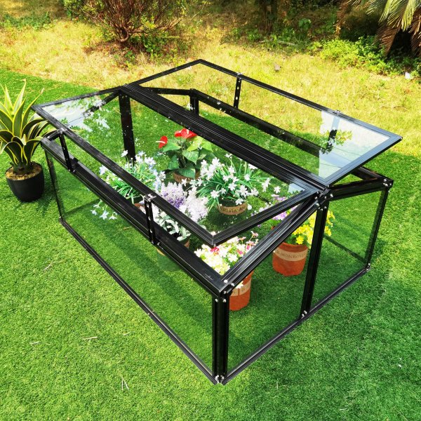 Minidrivhus med to åpningsbare dører V-tak | 4mm sikkerhetsglass | Svart Minidrivhus med to åpningsbare dører V-tak | 4mm sikkerhetsglass | Svart