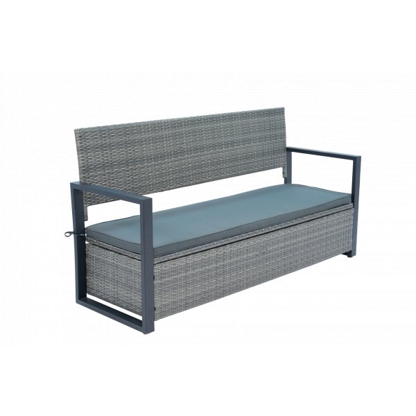 Hagebenk med oppbevaring | 165 cm | Kunstrotting grå | Puter inkludert | Boxvik Hagebenk med oppbevaring | 165 cm | Kunstrotting grå | Puter inkludert | Boxvik