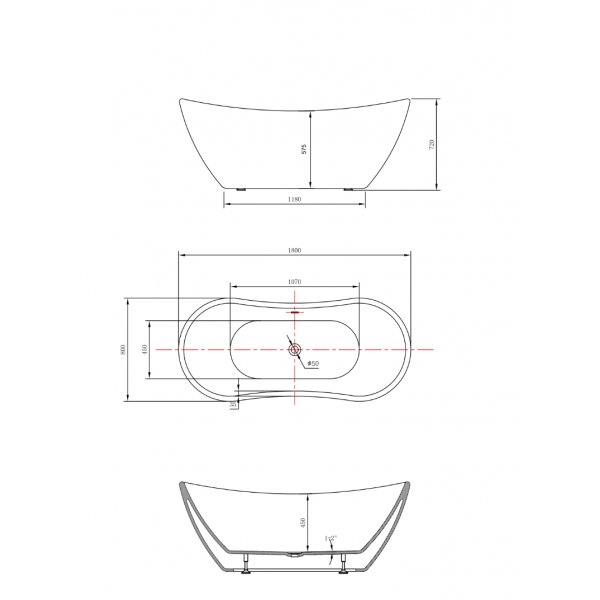Frittst�ende badekar i hvit akryl 180 cm | Metis