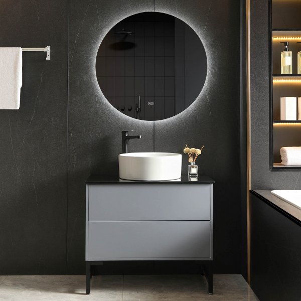 Baderomsmbler 90cm | Benkeplate i sort glass | LED speil | Cavum