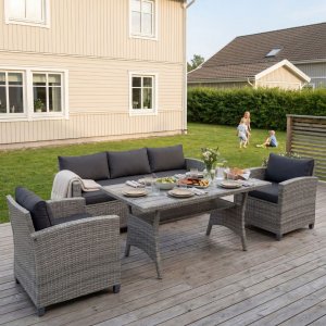 Loungesett i gr�tt | Sofa | 2 stoler | Bord | Arholma