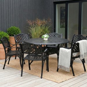 Rund hagemøbelgruppe i aluminium | Ø130 cm | 6 stoler | Svart Rund hagemøbelgruppe i aluminium | Ø130 cm | 6 stoler | Svart