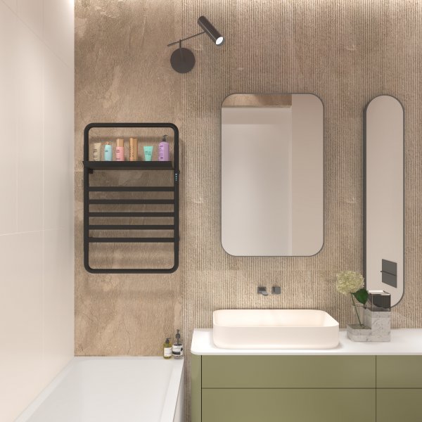 Svart elektrisk h�ndklet�rker med timer og hylle 60 x 90 cm | Stilrent design