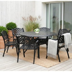 Rund hagemøbelgruppe i aluminium | Ø130 cm | 6 stoler | Svart Rund hagemøbelgruppe i aluminium | Ø130 cm | 6 stoler | Svart