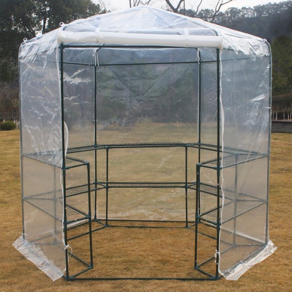 Sekskantet plastdrivhus 3,8m� | St�lramme | Transparent PE plastdeksel