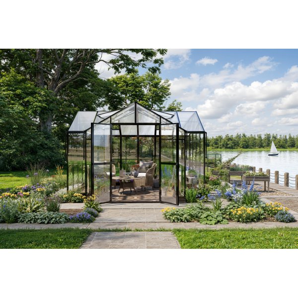 T-formet drivhus 11,6 m� | 4 mm sikkerhetsglass