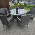 Kundebilde Spisegruppe Tyl�sand gr� � 6 sitteplasser | Rundt bord �135 cm og 6 stoler med puter: Forn�yd med varen, det eneste er...