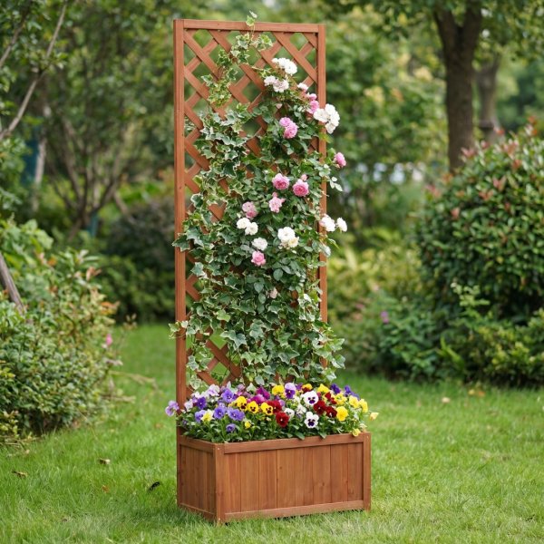 Blomsterkasse med spalje i tre | 60�30�180 cm | For klatreplanter | Brun