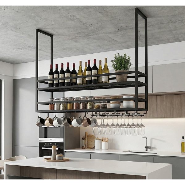 Takhengt vinhylle til kj�kken�y i svart metall | Vin- og vinglassoppbevaring | 120 cm