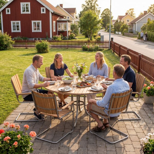 Rund hagem�belgruppe utend�rs | 6 stoler | Metallstoler | �135 cm | Gl�nta