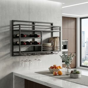 Vegghengt vinhylle | Vin- og glassoppbevaring | Tom h�yre | 99 � 25 � 65 cm | Obsidian