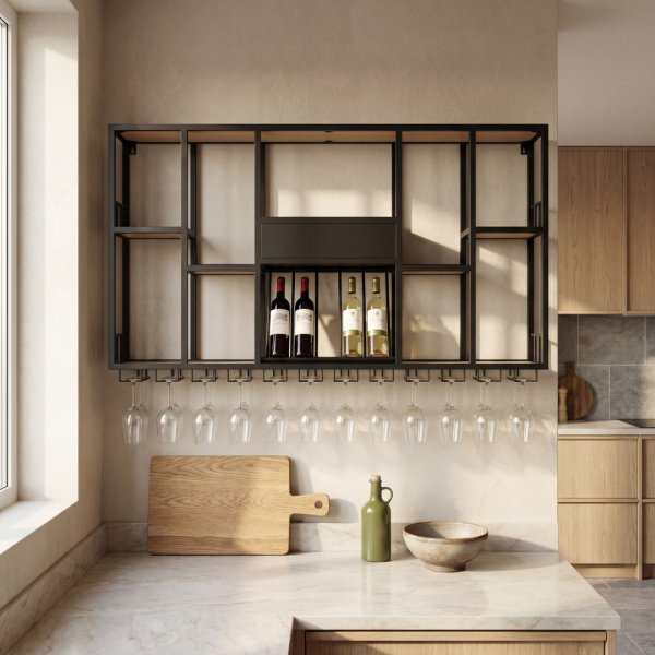 Vegghengt barhylle i svart metall | Oppbevaring for vin, glass og flasker | 150 × 120 cm Vegghengt barhylle i svart metall | Oppbevaring for vin, glass og flasker | 150 × 120 cm