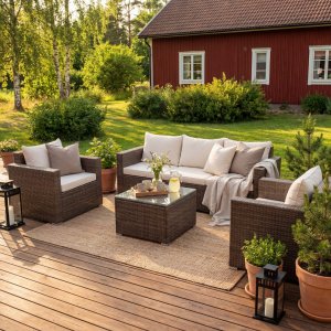 Loungegruppe i brun konstrotting | Hagem�bler med sofa og bord | Lyfco Huvudsk�r