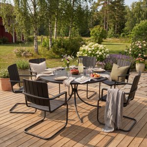 Rund spisegruppe utemøbler | Bord med 6 stoler | Akasietre | Gräsö svart Rund spisegruppe utemøbler | Bord med 6 stoler | Akasietre | Gräsö svart