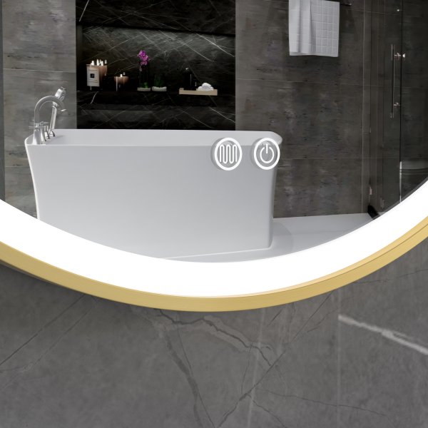 Stilig LED-speil | 60x60 cm | Gull aluminiumsramme | Antidugg og ber�ringskontroll