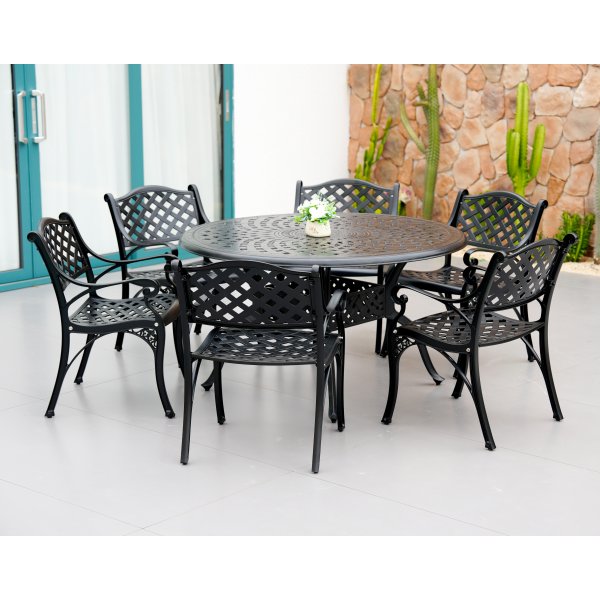 Rund hagemøbelgruppe i aluminium | Ø130 cm | 6 stoler | Svart Rund hagemøbelgruppe i aluminium | Ø130 cm | 6 stoler | Svart