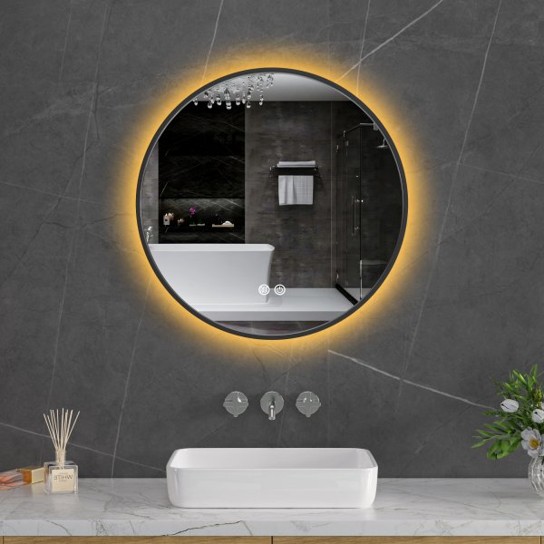 Rund baderomsspeil 60 cm | Svart ram | LED-belysning | Anti-fog og touch-styring Rund baderomsspeil 60 cm | Svart ram | LED-belysning | Anti-fog og touch-styring