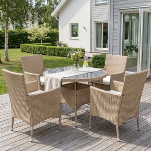 Rund spisegruppe utem�bler | Bord �100 cm og 4 stoler med puter | Tyl�sand beige