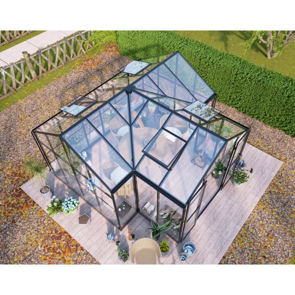 T-formet drivhus 12,4 m� | 4 mm sikkerhetsglass og 6 mm kanalplast