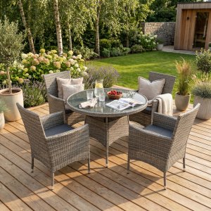 Rund spisegruppe utem�bler | Bord �100 cm og 4 stoler med puter | Tyl�sand gr�