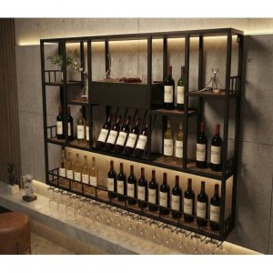 Vegghengt barhylle i svart metall | Oppbevaring for vin, glass og flasker | 150 � 120 cm