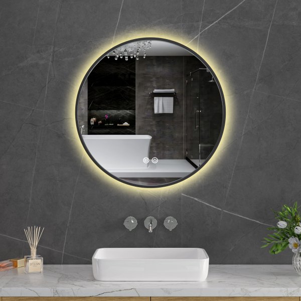 Rund baderomsspeil 60 cm | Svart ram | LED-belysning | Anti-fog og touch-styring Rund baderomsspeil 60 cm | Svart ram | LED-belysning | Anti-fog og touch-styring