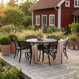 Rund hagemøbelgruppe i aluminium | Ø130 cm | 6 stoler | Svart Rund hagemøbelgruppe i aluminium | Ø130 cm | 6 stoler | Svart