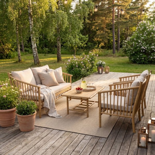 Bambus loungegruppe for utend�rs bruk | Sofa, 2 lenestoler og bord i naturmateriale