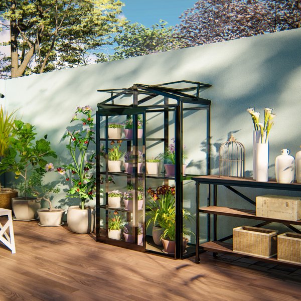 Høyt minidrivhus med V-tak | 4 mm sikkerhetsglass | Svart Høyt minidrivhus med V-tak | 4 mm sikkerhetsglass | Svart