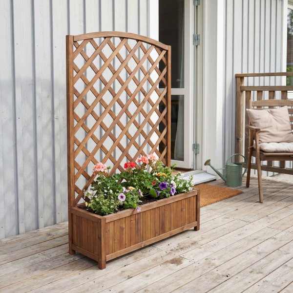 Plantekasse med espalier i tre | 80 � 30 � 120 cm | For klatreplanter | Brun