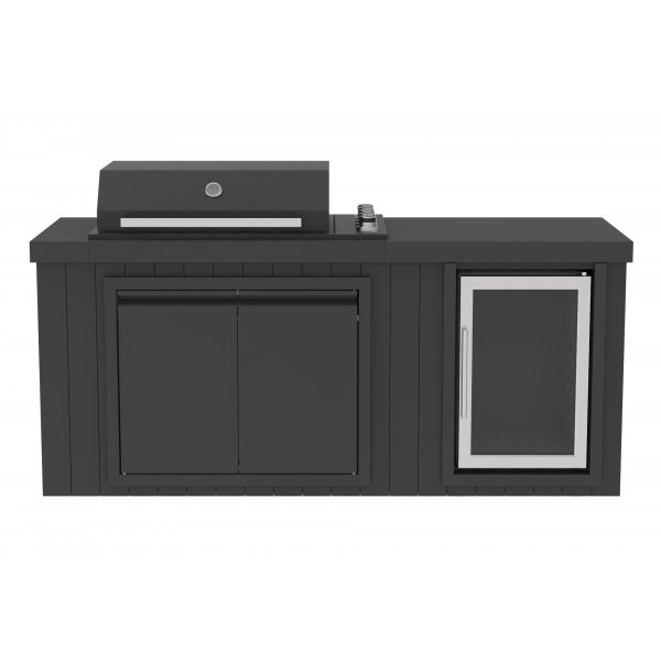 Utekj�kken med kj�leskap � Svart | Gassgrill i rustfritt st�l med keramisk benkeplate, infrar�d brenner | 4+1 brennere | Grillfl