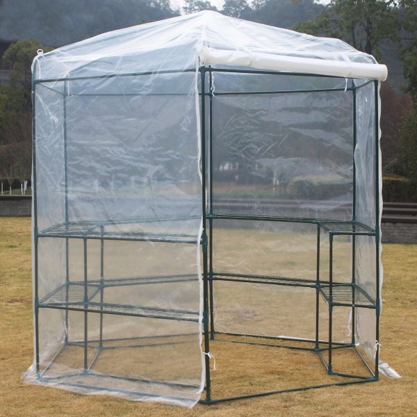 Sekskantet plastdrivhus 3,8m� | St�lramme | Transparent PE plastdeksel