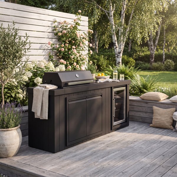 Utekj�kken med kj�leskap � Svart | Gassgrill i rustfritt st�l med keramisk benkeplate, infrar�d brenner | 4+1 brennere | Grillfl