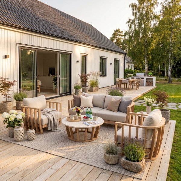 Loungegruppe i akasie og terrazzo | Hagem�bler med puter i lin | Lyfco Storvik | Natur