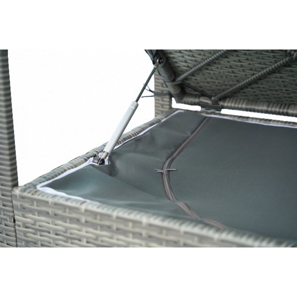 Hagebenk med oppbevaring | 129 cm | Kunstrotting grå | Puter inkludert | Boxvik Hagebenk med oppbevaring | 129 cm | Kunstrotting grå | Puter inkludert | Boxvik