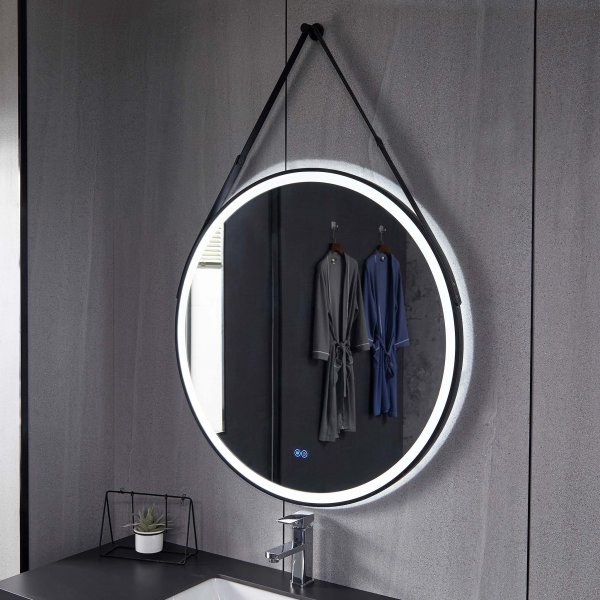 Rundt speil med hengende stropp | LED-belysning og antiduggfunksjon