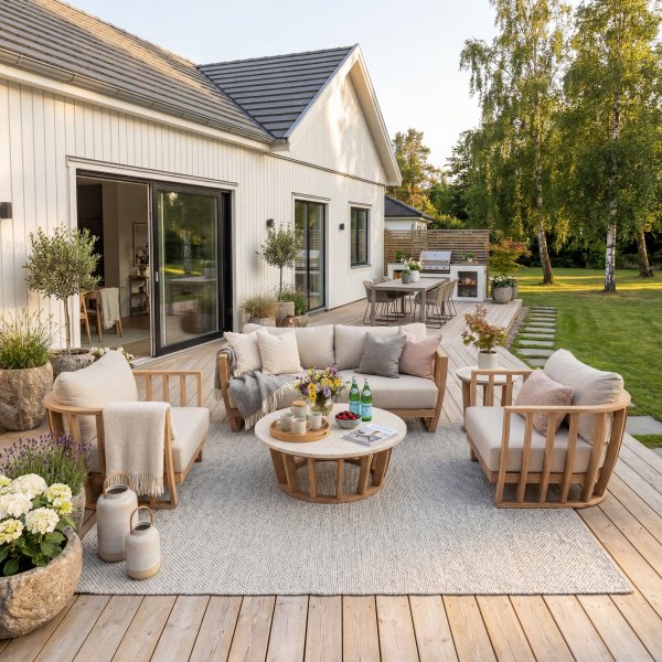 Loungegruppe i akasie og terrazzo | Hagem�bler med puter i lin | Lyfco Storvik | Natur